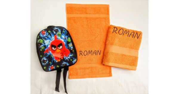 Zwemset: 2 oranje handdoeken en rugzakje Angry Birds