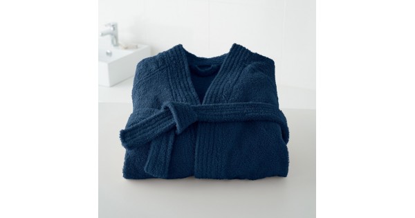 Badjas in badstof (450 g/m²) met kimonokraag (volwassenen) in marineblauw