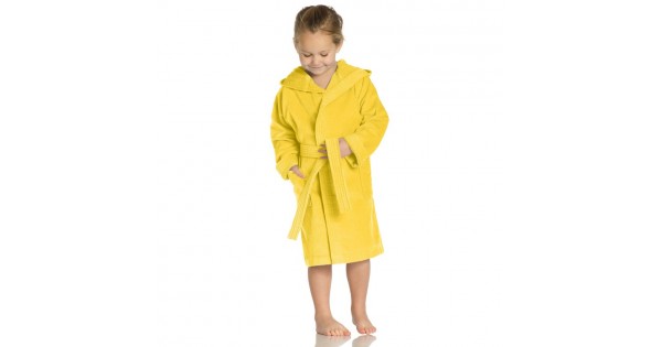 Kinderbadjas effen in badstof (350 g/m²) met kap in zonnig geel - 2 jaar (maat 86)